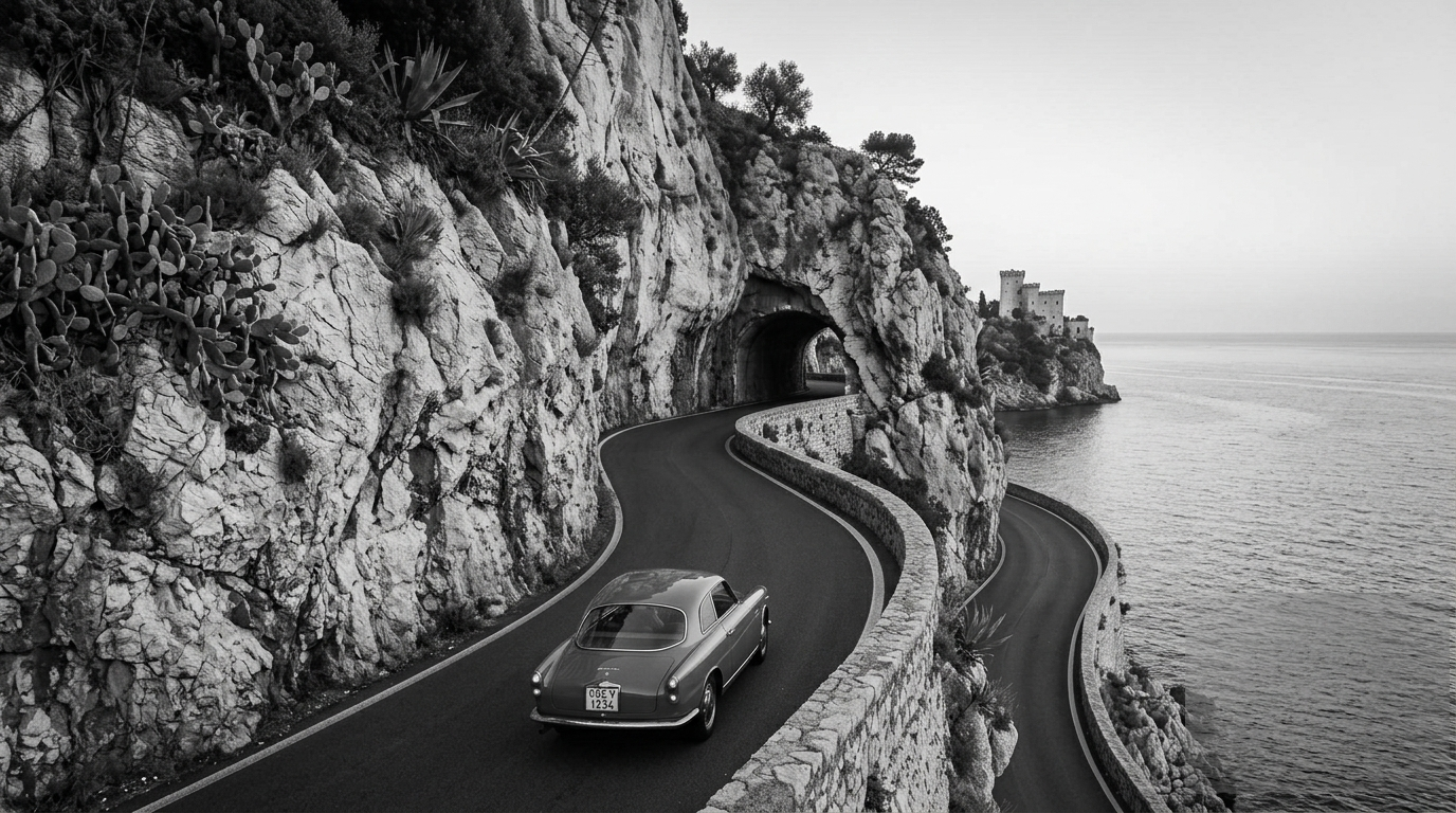 Vintage Porsche on a coastal cliff road