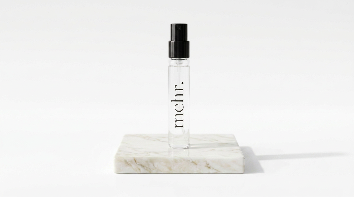 mehr. 10ml tester bottle on marble platform